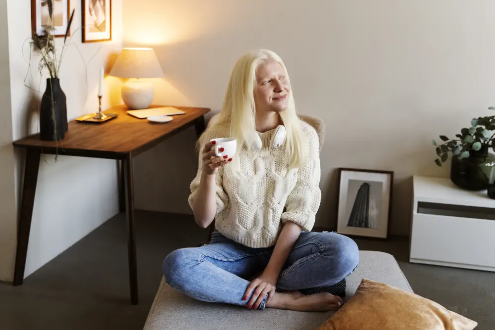 front-view-albino-woman-home How Much Does Sober Living Cost for Luxury Centres in Cobourg?