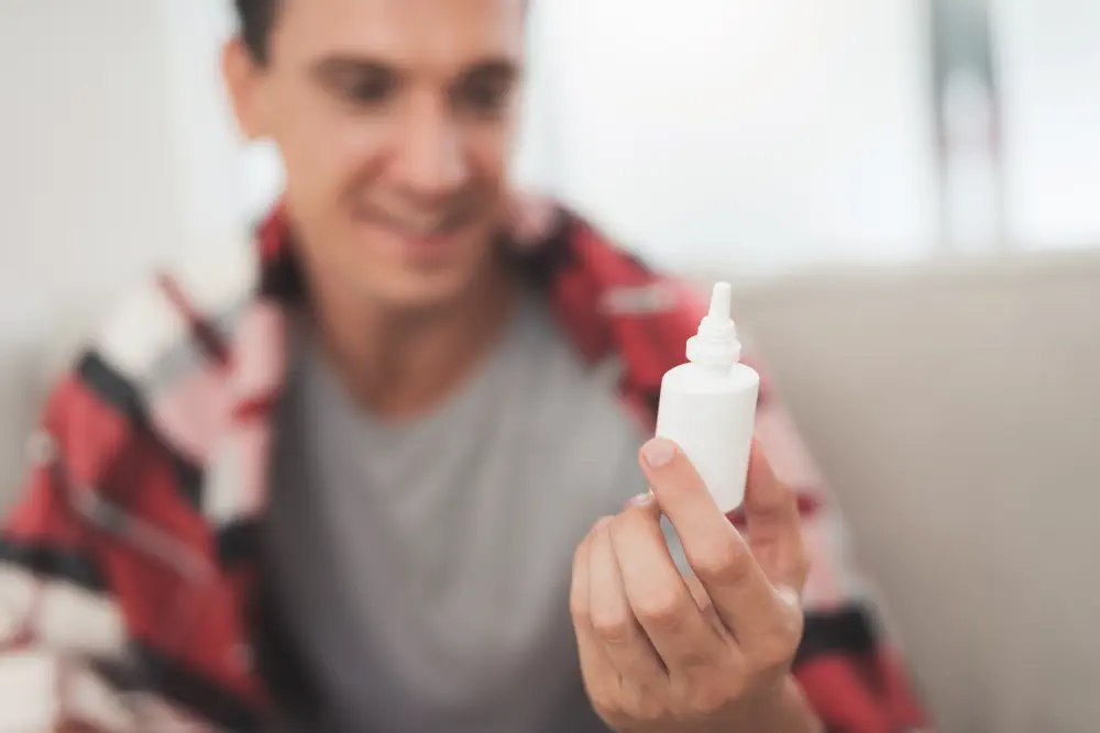 a man holding a nasal spray