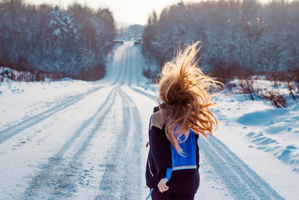 Blonde woman in a snowy setting during antidepressant recovery.
