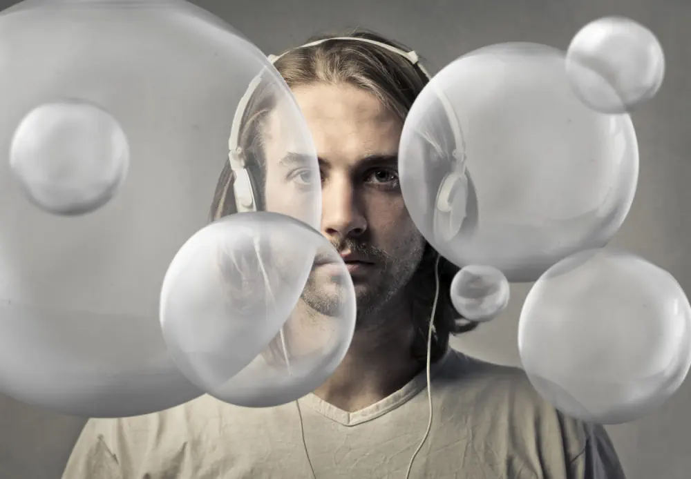 Man in bubbles illustrating how tolerance makes everything feel hollow.