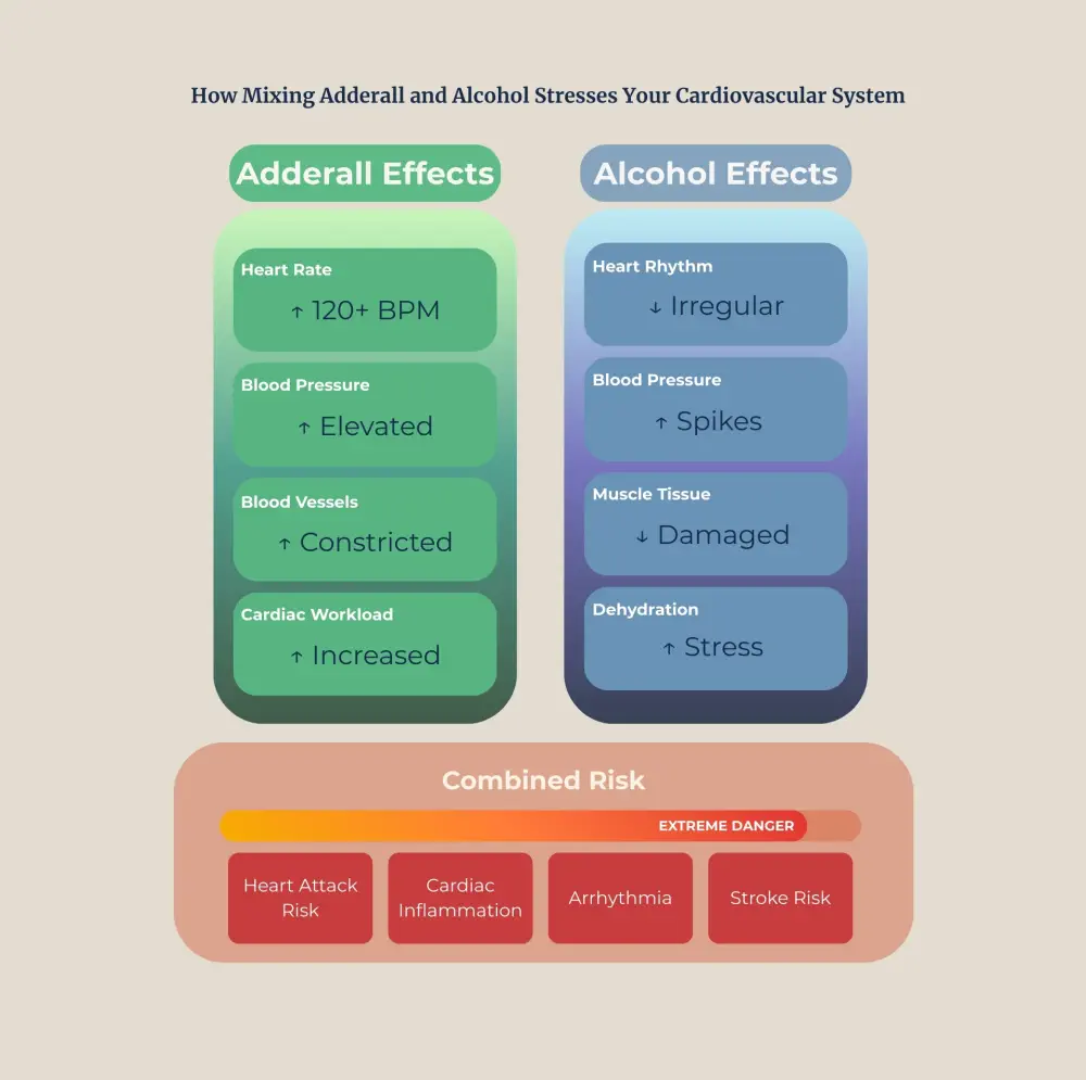 Infographic of heart risks from mixing Adderall and alcohol.