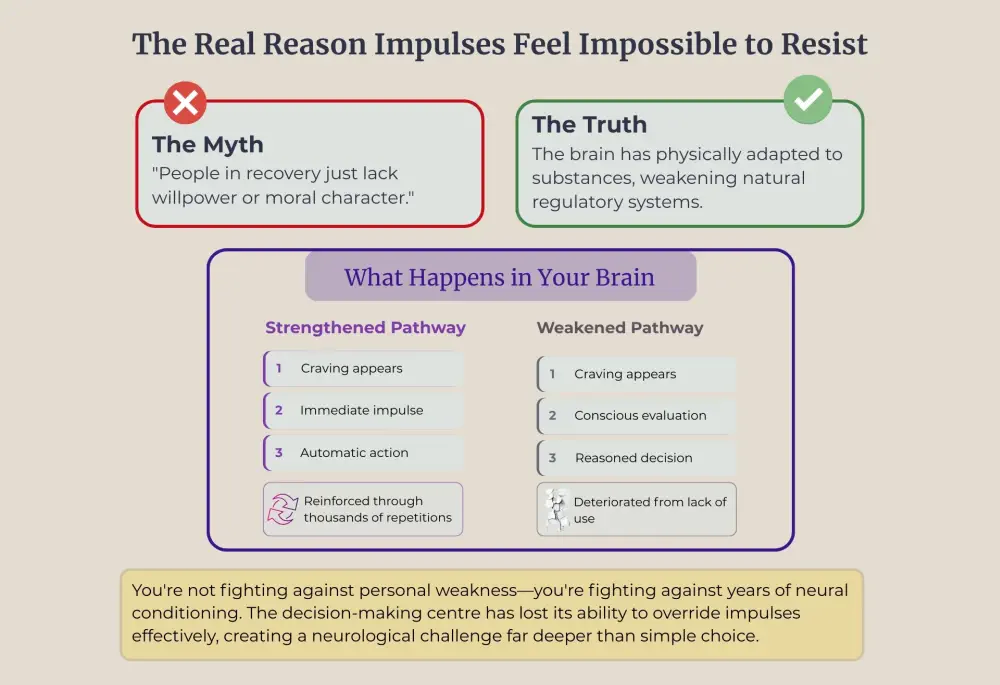 Infographic of the prefrontal cortex and its role in impulse control.
