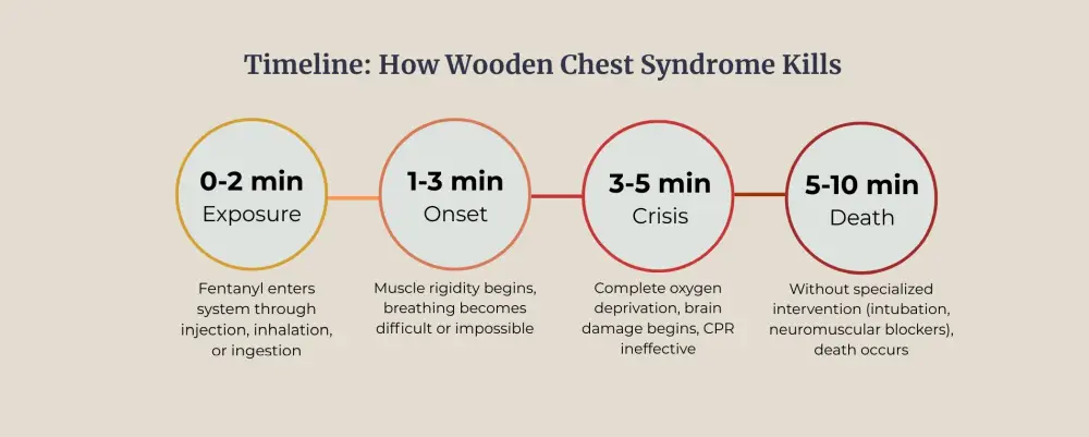 Four-step sequence showing the progression from fentanyl exposure to death.